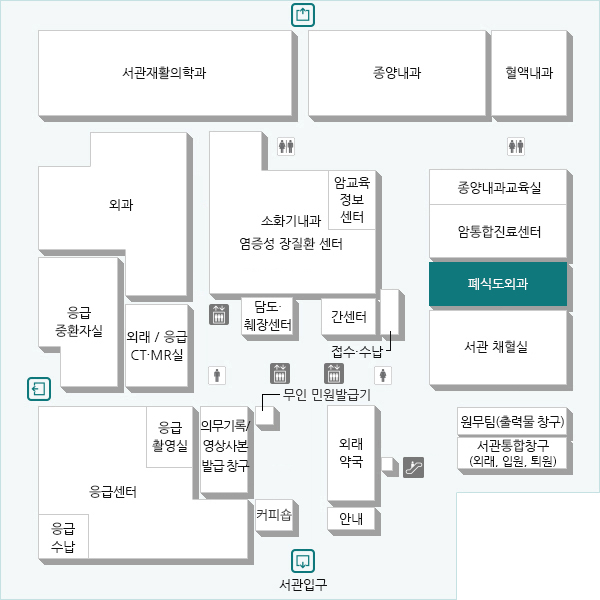 폐식도외과는 폐, 식도, 기관, 흉막(늑막), 흉벽, 종격동 등에 발생한 질환에 대한 외과적 치료를 하는 진료과입니다